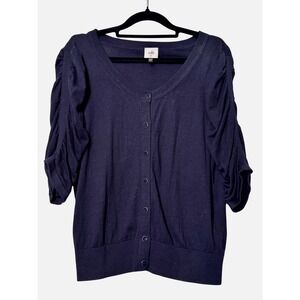 Cabi Navy Blue Ruched Puff Sleeve V-Neck Button Front Cardigan Sweater  M